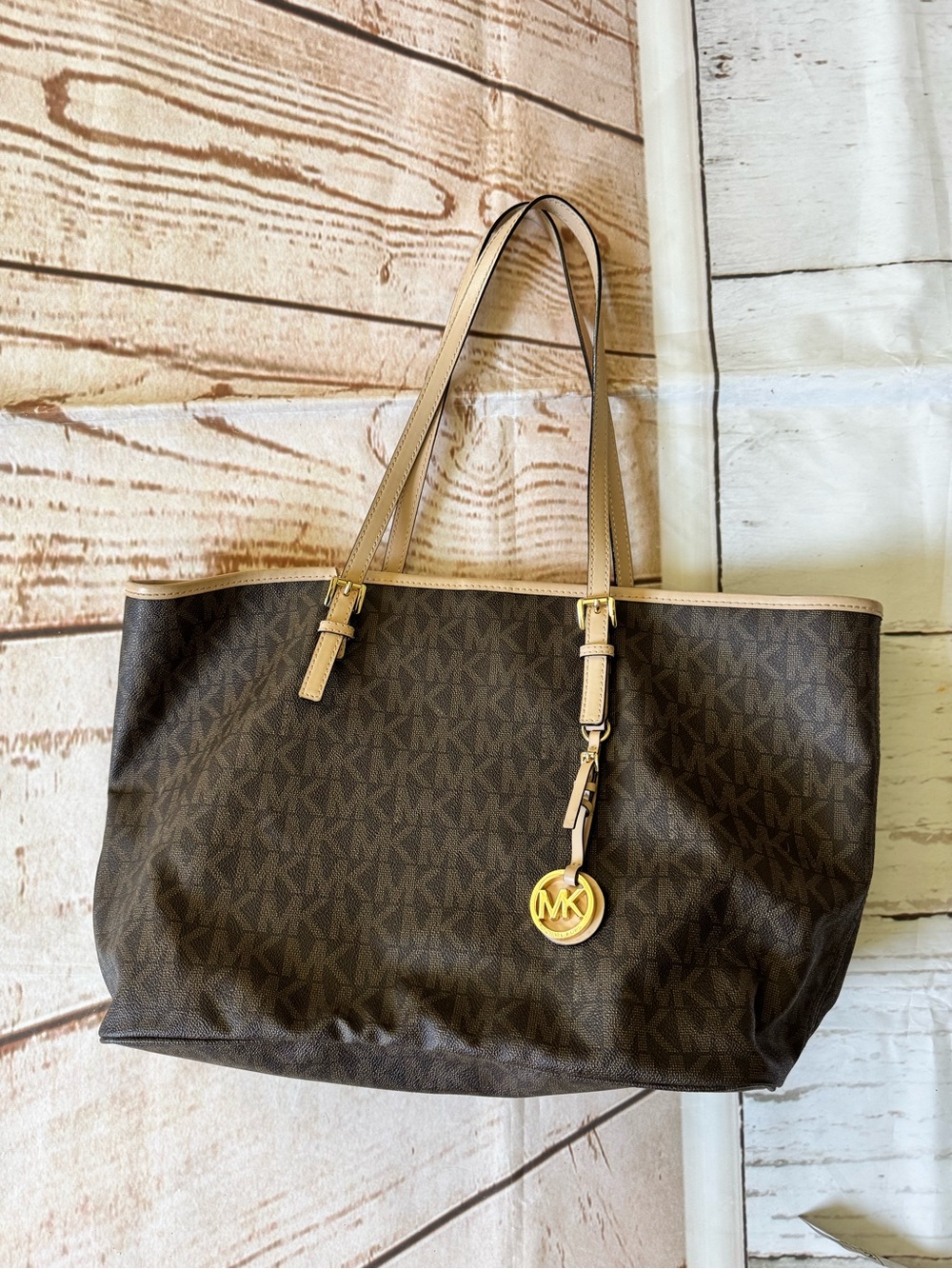 Michael Kors Brown Logo Tote with Beige Trim and Gold Charm EUC